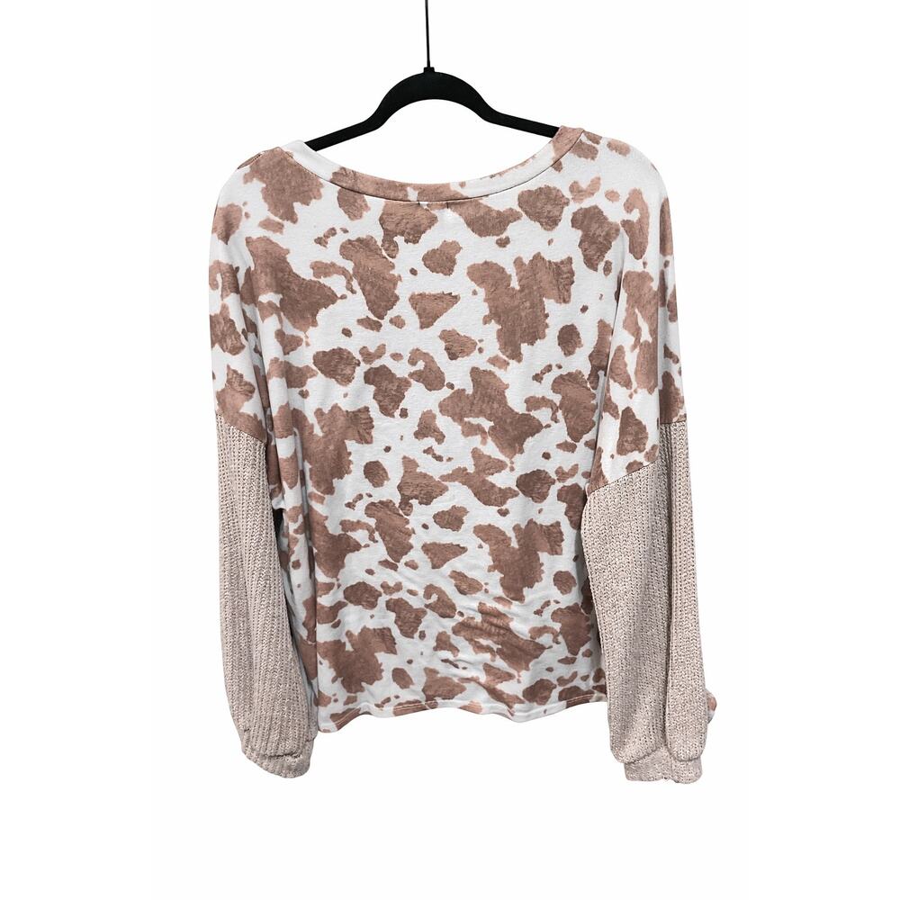 Olive & Oak Medium Cow Print Top Boho Western Henley Crochet Sleeve Blouse Wn’s - Picture 5 of 9